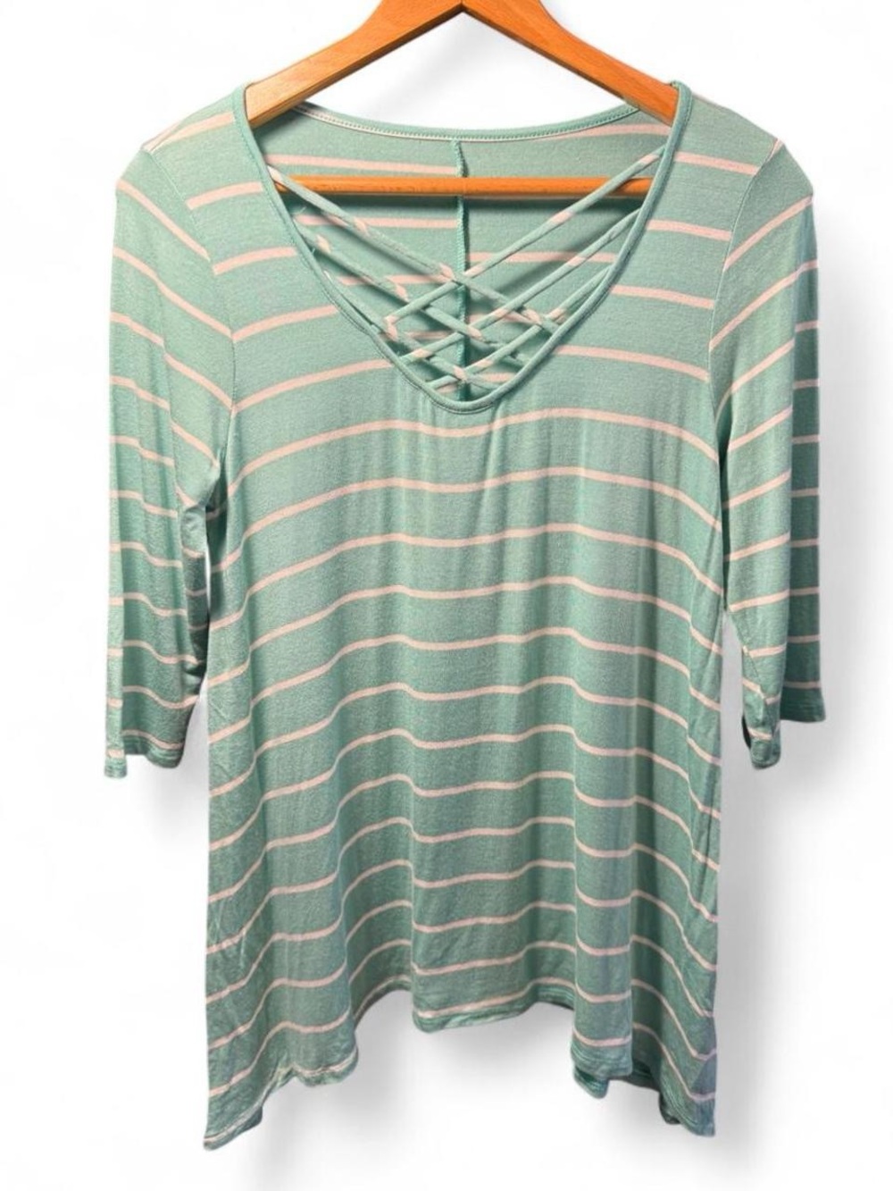 Mint Striped Crisscross V-Neck Long Sleeve Top